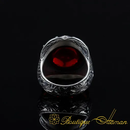 Cabochon Red Quartz Oval Hand Engraved Ring