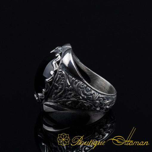 Cabochon Black Onyx Oval Hand Engraved Ring