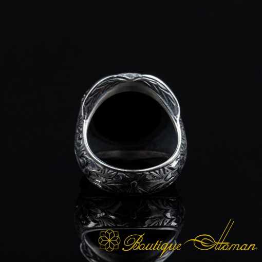Cabochon Black Onyx Oval Hand Engraved Ring