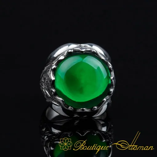Cabochon Green Quartz Oval Hand Engraved Ring