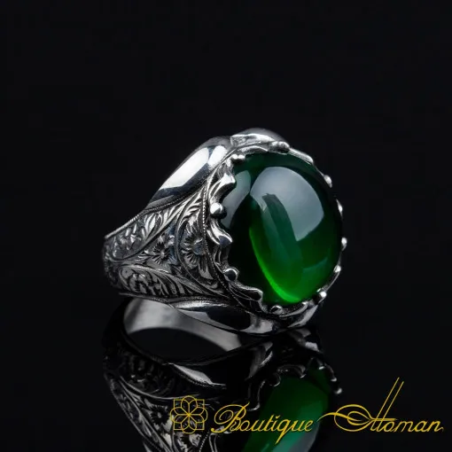 Cabochon Green Quartz Oval Hand Engraved Ring