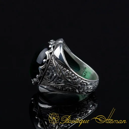 Cabochon Green Quartz Oval Hand Engraved Ring