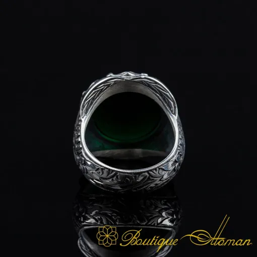 Cabochon Green Quartz Oval Hand Engraved Ring