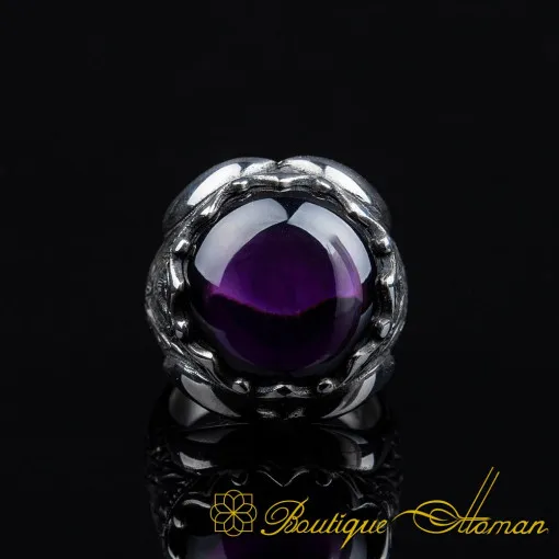 Cabochon Amethyst Oval Hand Engraved Ring