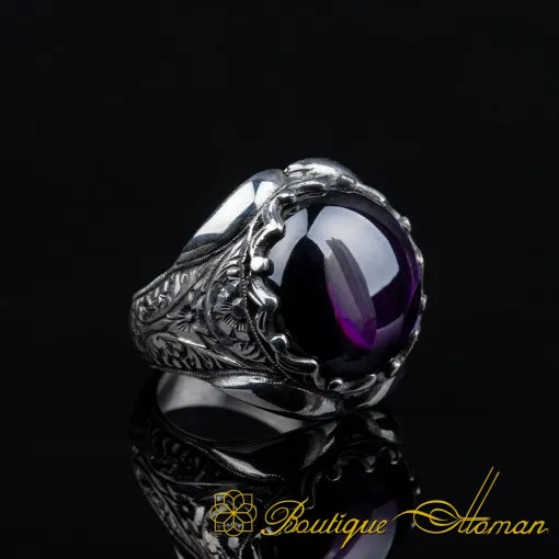 Cabochon Amethyst Oval Hand Engraved Ring