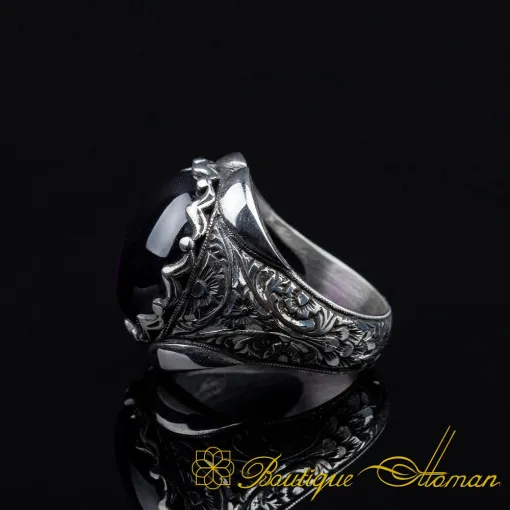 Cabochon Amethyst Oval Hand Engraved Ring