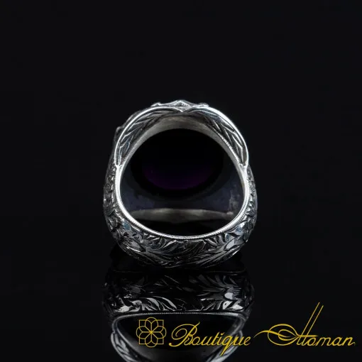 Cabochon Amethyst Oval Hand Engraved Ring