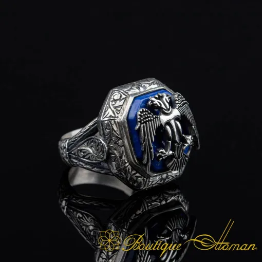Blue Amber Octagon Engraved Ring With Double Headed Eagle