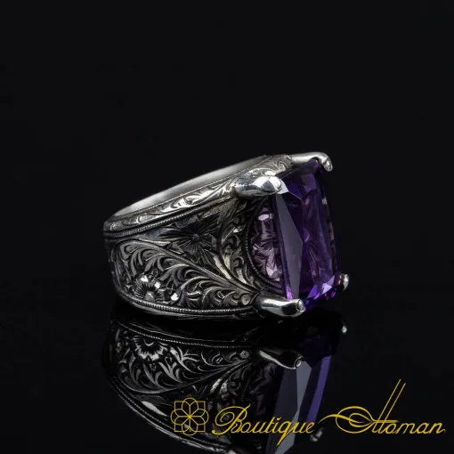 Rectangle Amethyst Zircon Engraved Band Ring