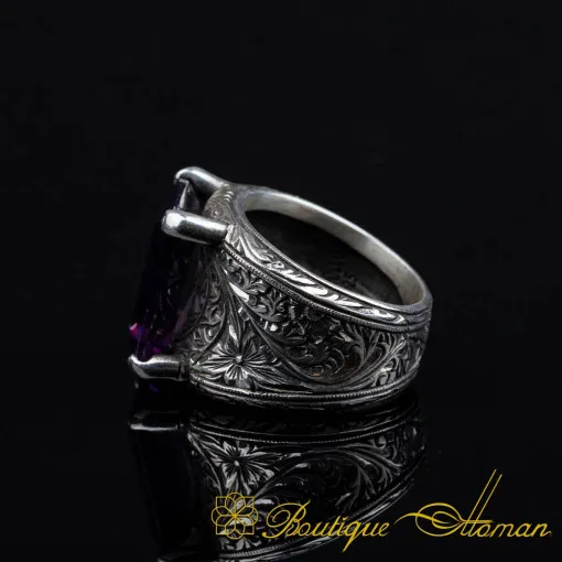 Rectangle Amethyst Zircon Engraved Band Ring - Image 4