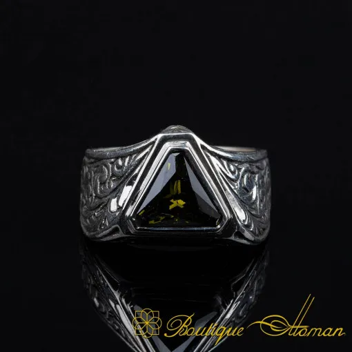 Triangle Cut Peridot Hand Engraved Silver Ring