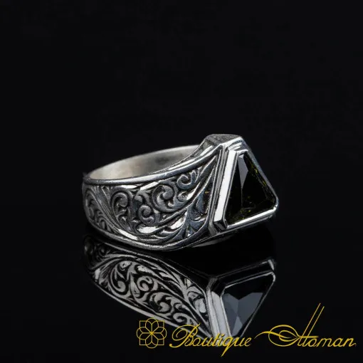 Triangle Cut Peridot Hand Engraved Silver Ring