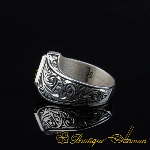 Triangle Cut Peridot Hand Engraved Silver Ring