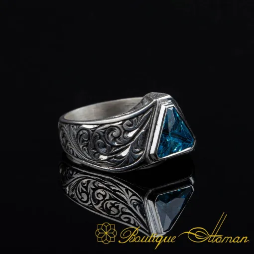Triangle Cut Aqua Blue Zircon Hand Engraved Silver Ring