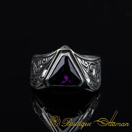 Triangle Cut Amethyst Zircon Hand Engraved Silver Ring