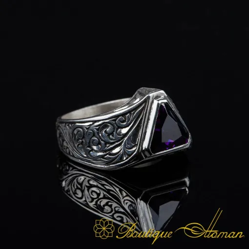Triangle Cut Amethyst Zircon Hand Engraved Silver Ring