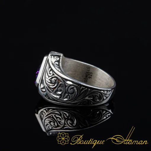 Triangle Cut Amethyst Zircon Hand Engraved Silver Ring