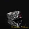 Triangle Cut Red Zircon Hand Engraved Silver Ring
