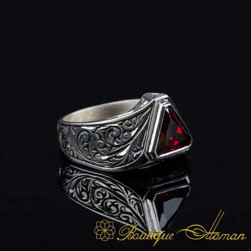 Triangle Cut Red Zircon Hand Engraved Silver Ring