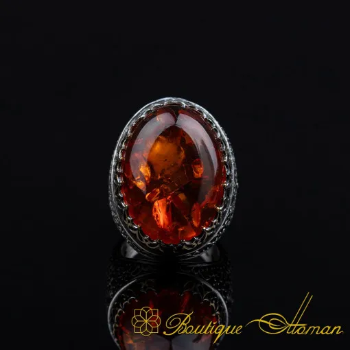Orange Amber Big Oval Silver Ring