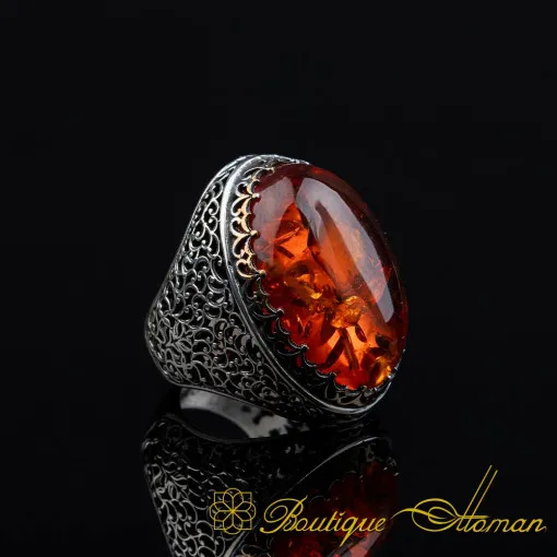 Orange Amber Big Oval Silver Ring