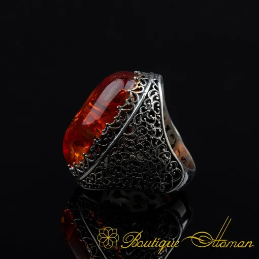 Orange Amber Big Oval Silver Ring