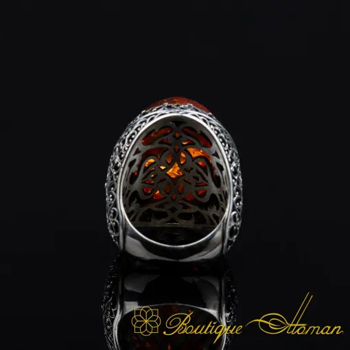 Orange Amber Big Oval Silver Ring