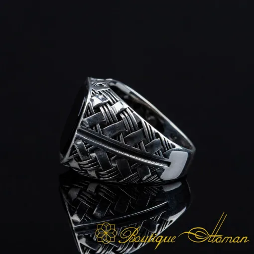 Black Onyx Mesh Pattern Silver Ring