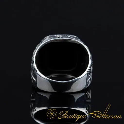 Black Onyx Mesh Pattern Silver Ring