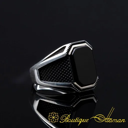 Black Onyx Rectangle Micro Cut Silver Ring