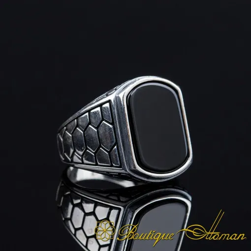 Rounded Rectangle Onyx Silver Ring
