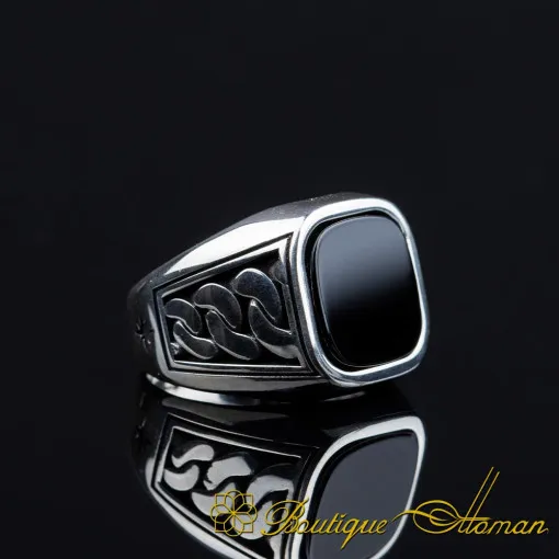 Square Black Onyx Chain Pattern Silver Ring