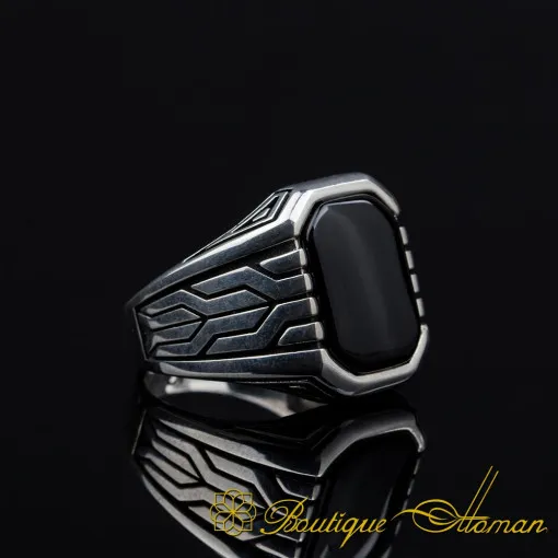 Octagon Cut Black Onyx Silver Ring