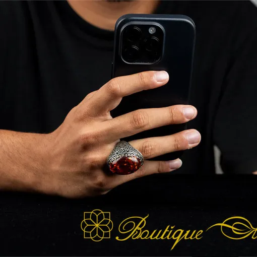 Orange Amber Big Oval Silver Ring