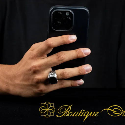 Square Black Onyx Chain Pattern Silver Ring