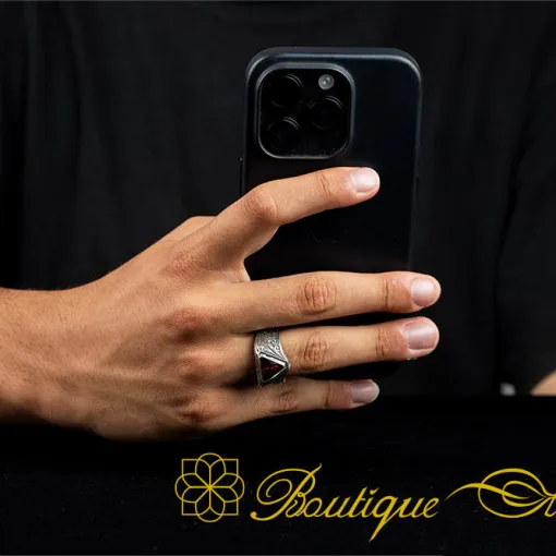 Triangle Cut Red Zircon Hand Engraved Silver Ring