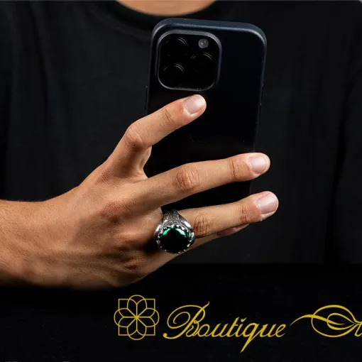 Cabochon Green Quartz Oval Hand Engraved Ring