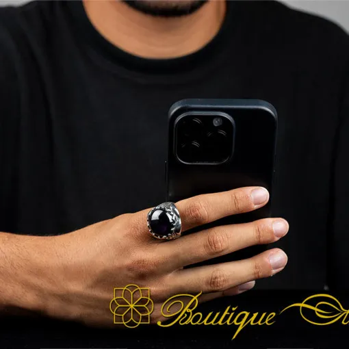 Cabochon Amethyst Oval Hand Engraved Ring