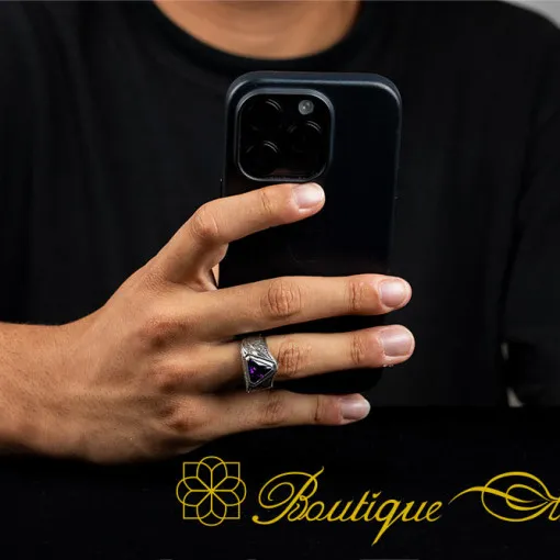 Triangle Cut Amethyst Zircon Hand Engraved Silver Ring