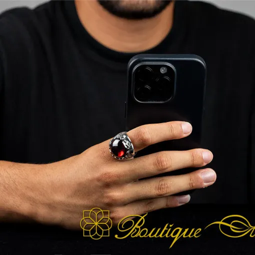 Cabochon Red Quartz Oval Hand Engraved Ring