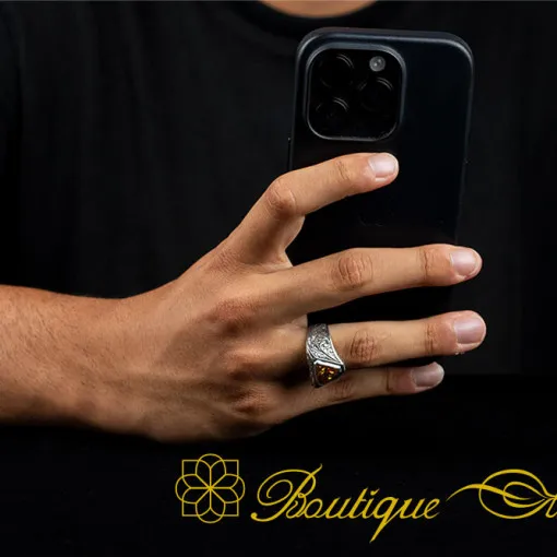 Triangle Cut Citrine Hand Engraved Silver Ring