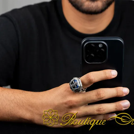 Blue Amber Octagon Engraved Ring With Double Headed Eagle