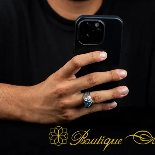 Triangle Cut Aqua Blue Zircon Hand Engraved Silver Ring