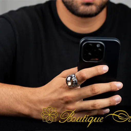 Cabochon Light Orange Quartz Oval Hand Engraved Ring