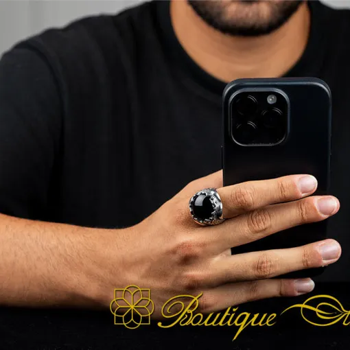 Cabochon Black Onyx Oval Hand Engraved Ring