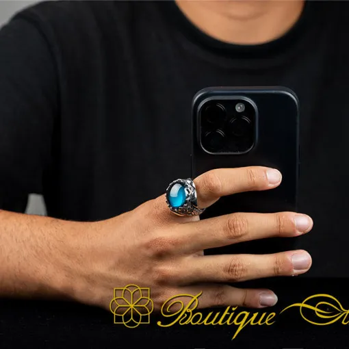 Cabochon Blue Quartz Oval Hand Engraved Ring