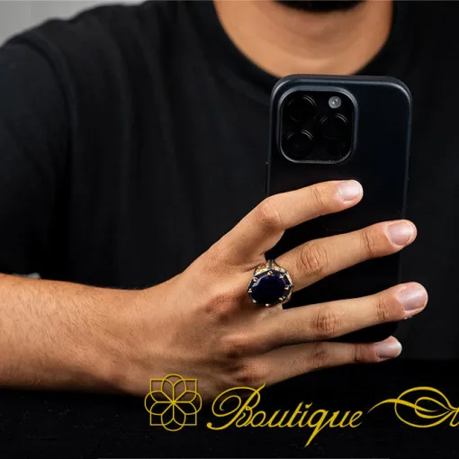Masterpiece Collection Blue Zircon Gold Plated Oxidized Silver Ring