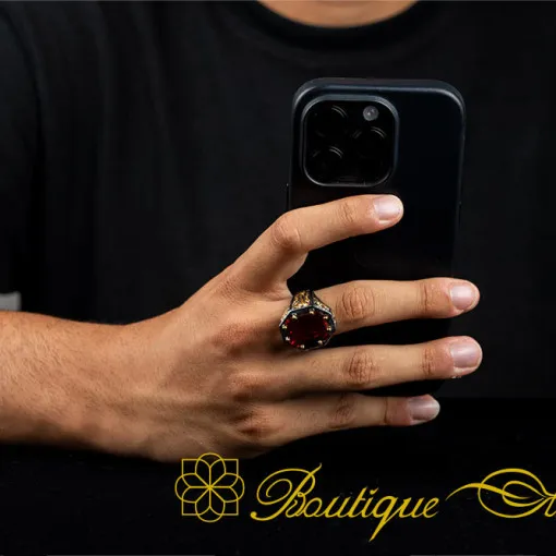 Masterpiece Collection Red Zircon Gold Plated Oxidized Silver Ring