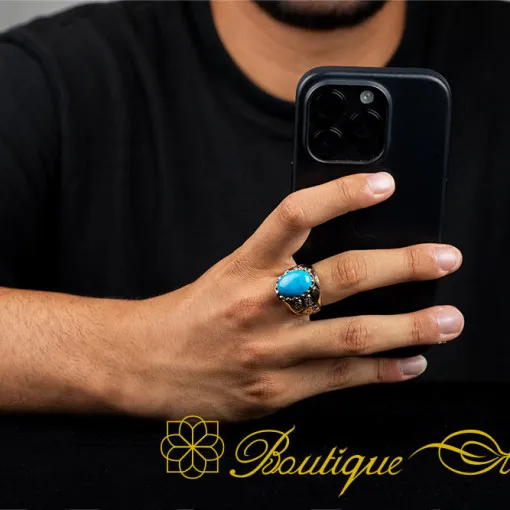 Turquoise Feroza Oval Gilded Oxidized Silver Ring