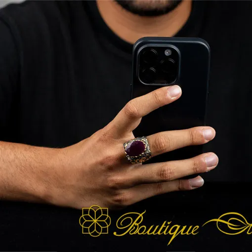 Ruby Rectangle Gold Plated Oxidized Ring